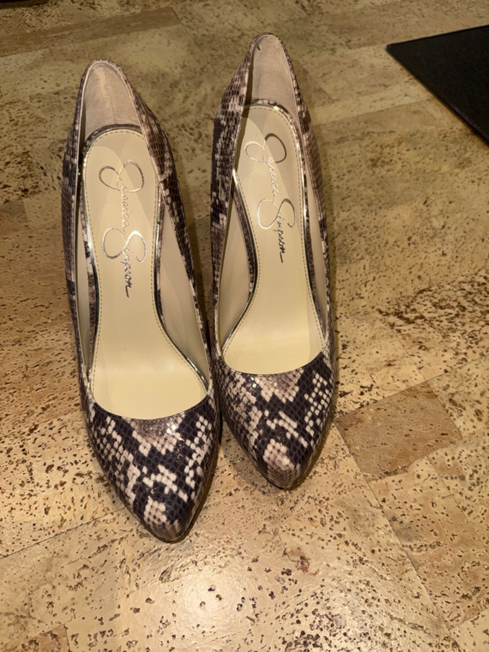 Jessica Simpson Taupe and Black Snake-Print Pointed Toe Pumps